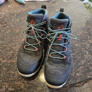 REI Mens Gray Hiking Boots with Blue Accents and Orange Details